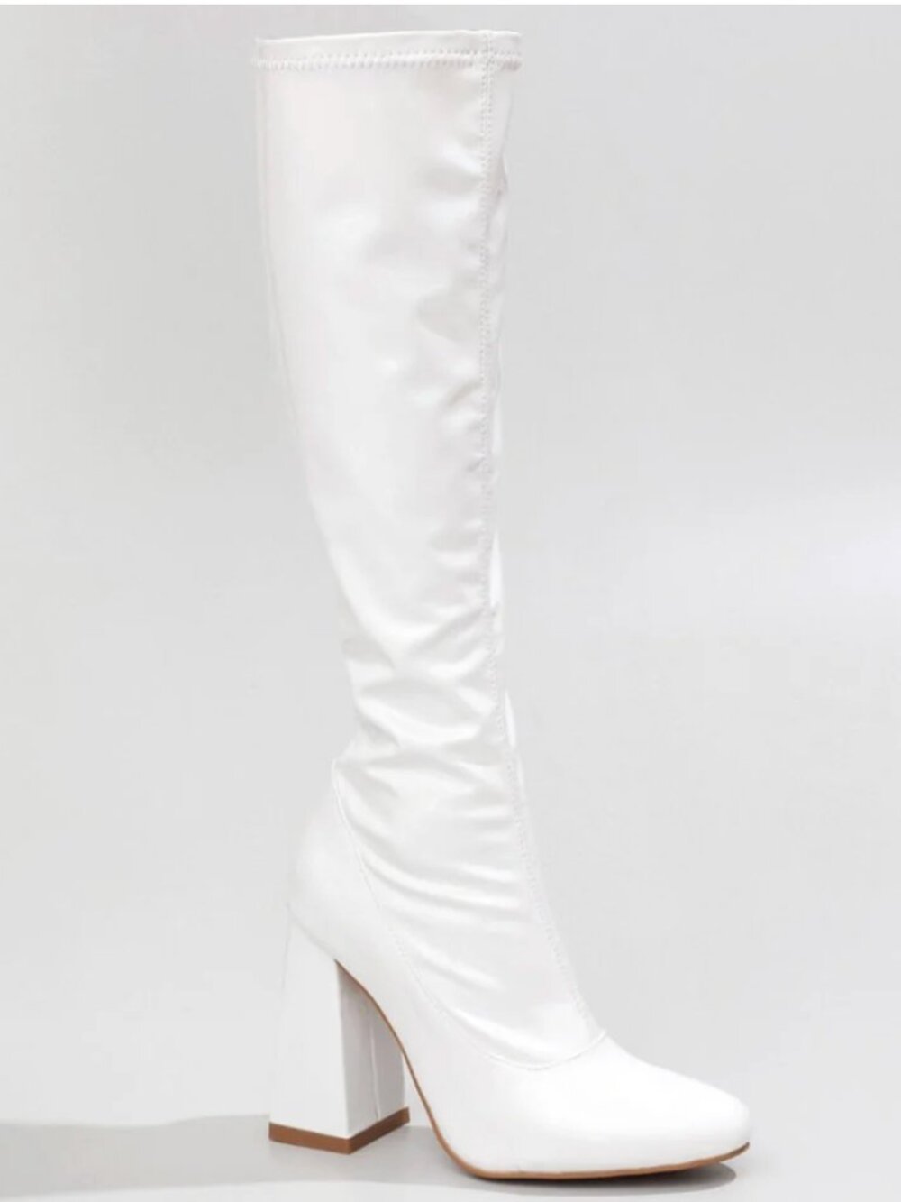 White Burju "La Gogo Calf" Closed Toe Stretch Vegan Shiny Leather Calf Boots